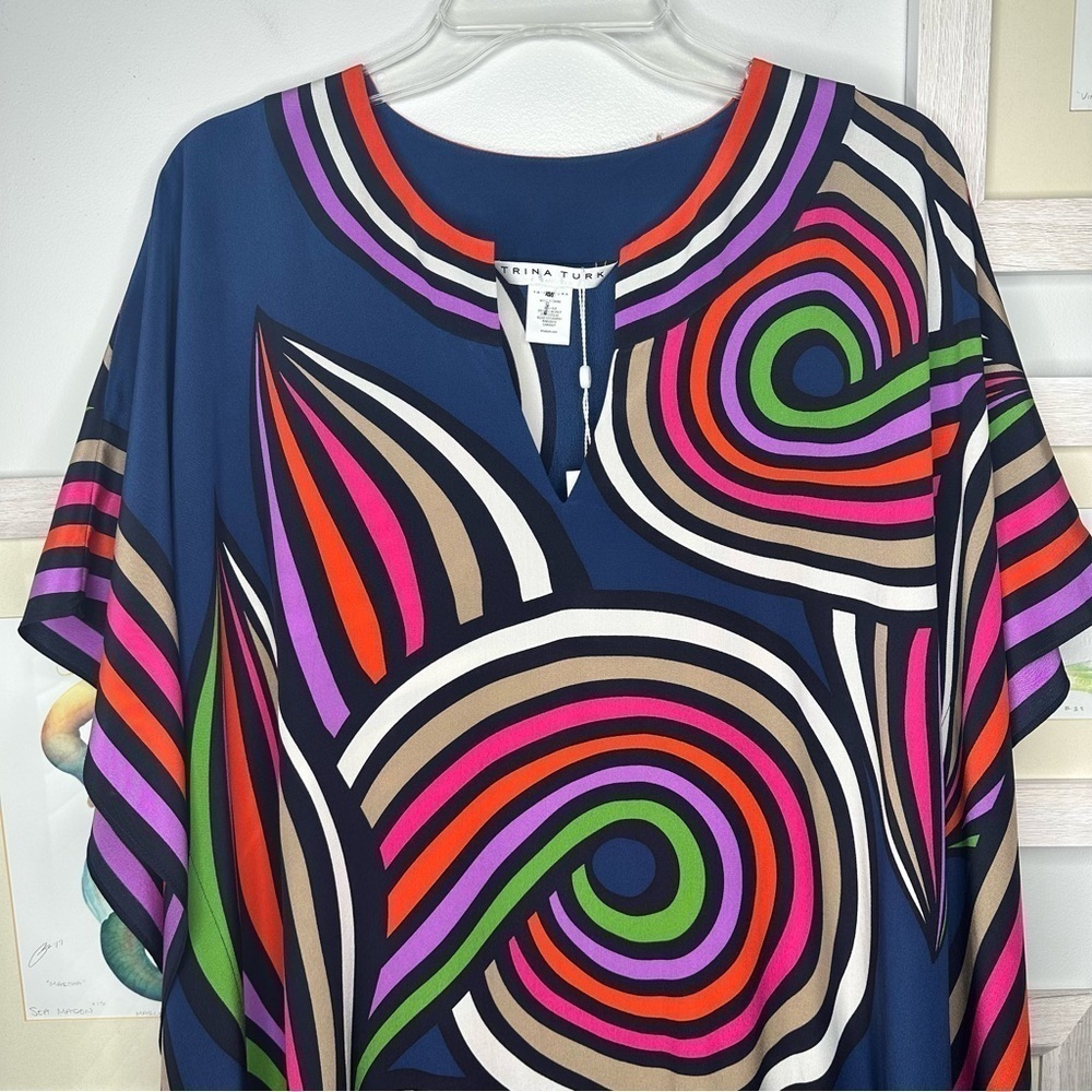 Trina Turk New Navy Swirl Silk Theodora Caftan Dress Women’s XS/S - Picture 4 of 14